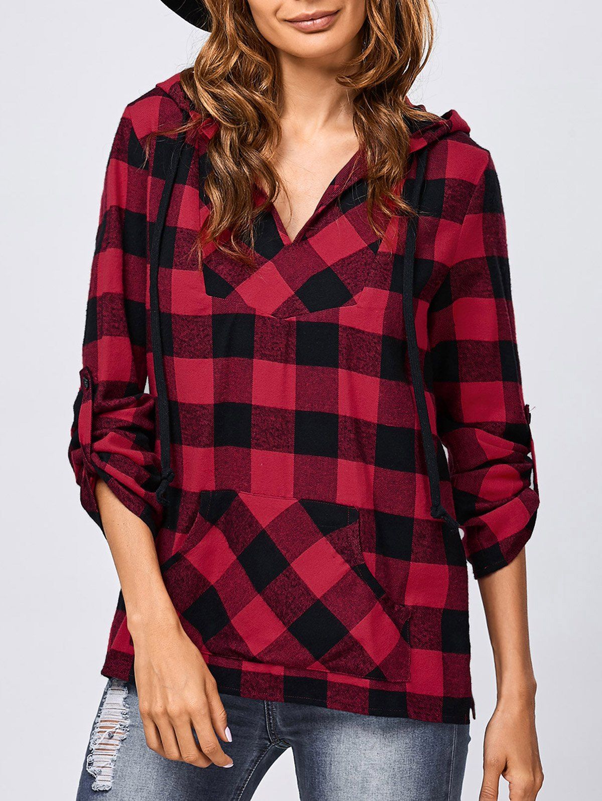 [60% OFF] Kangaroo Pocket Adjustable Sleeve Plaid Hoodie | Rosegal