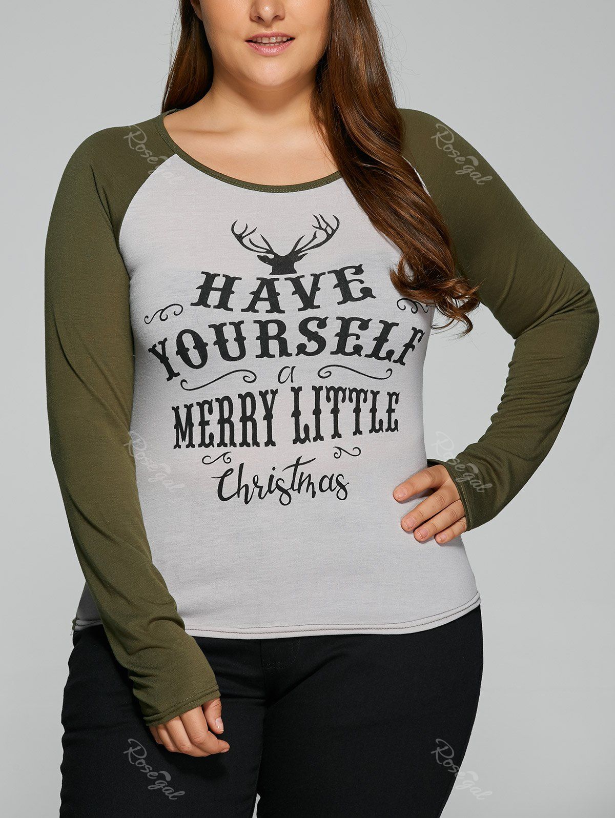 

Plus Size Raglan Sleeve Graphic Christmas T Shirt, Light gray