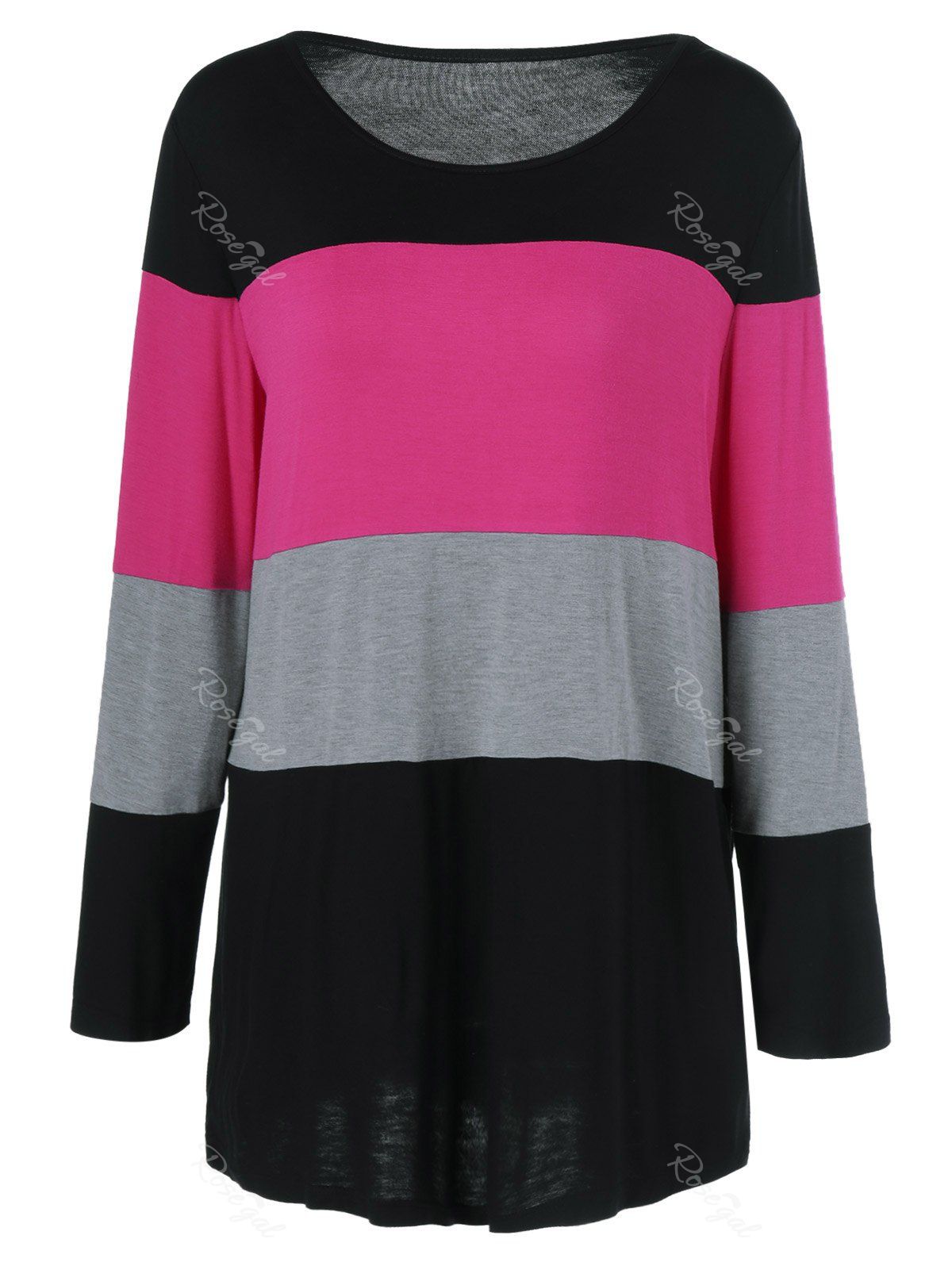 

Plus Size Colorful Striped Comfy T-Shirt, Black and pink