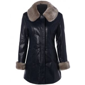 Faux Fur Collar Plus Size PU Leather Coat