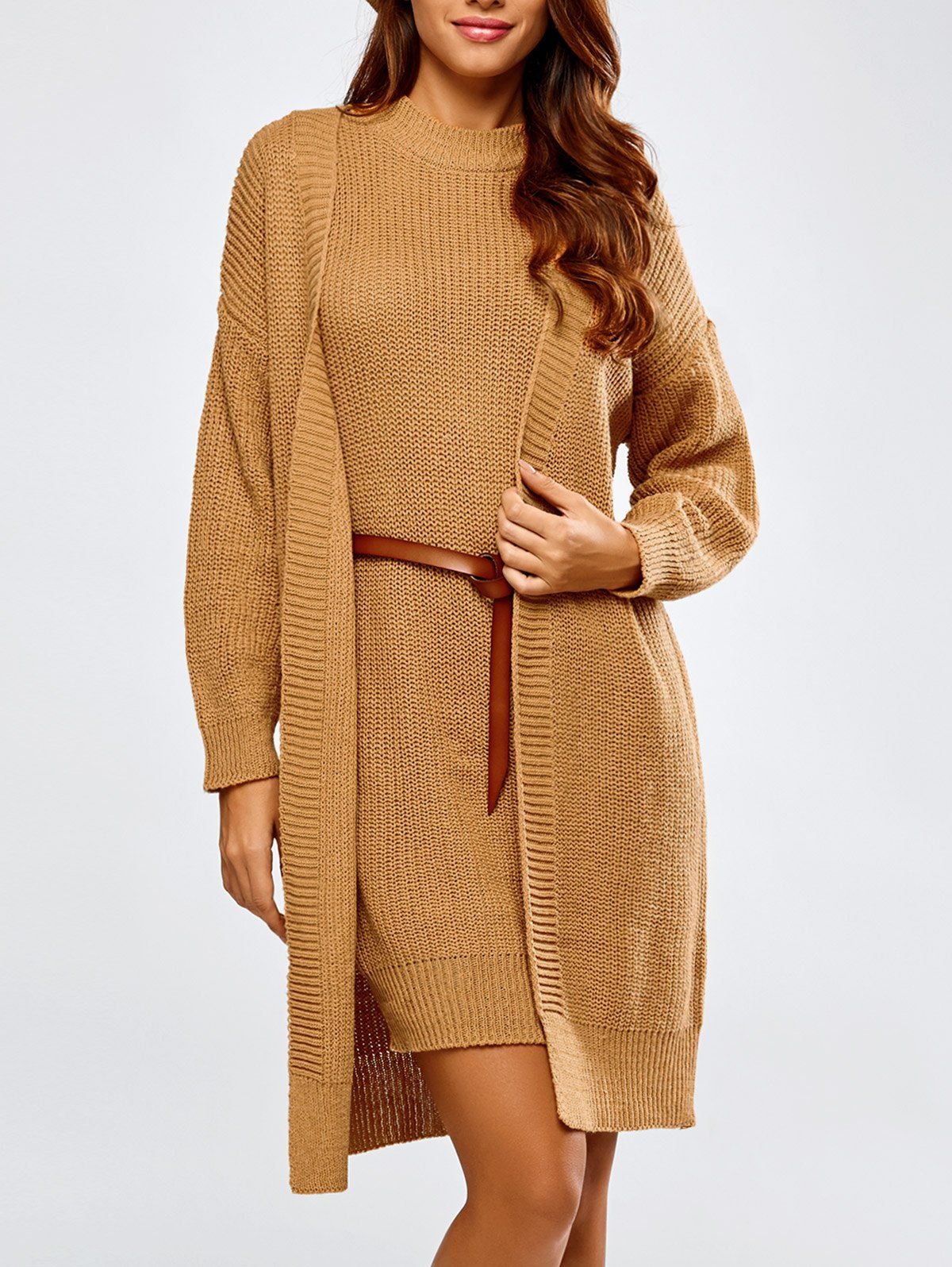 Fashion High Neck Belted Sweater Dress and Collarless Cardigan  
