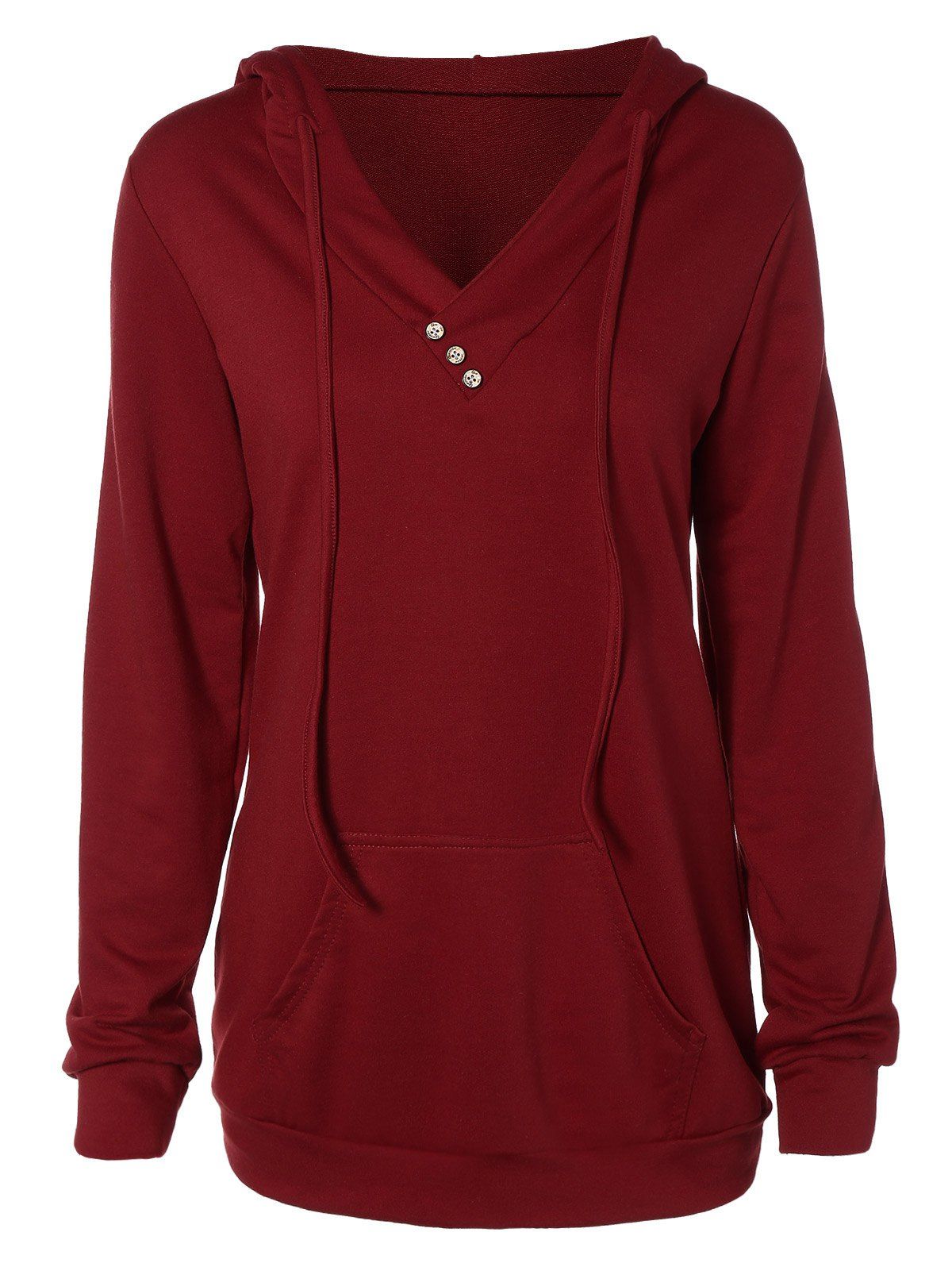 

Buttoned Plus Size Drawstring Hoodie, Deep red