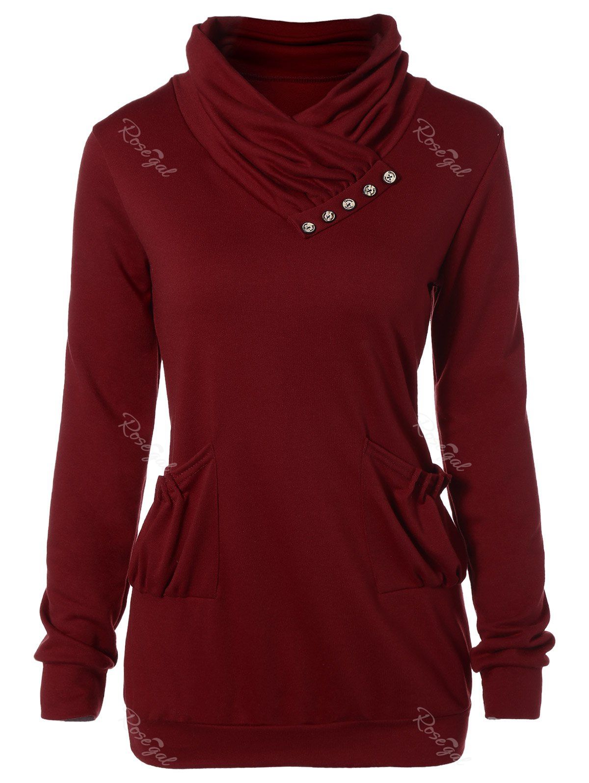 2018 Heaps Collar Buttoned Pullover Sweatshirt In Deep Red Xl