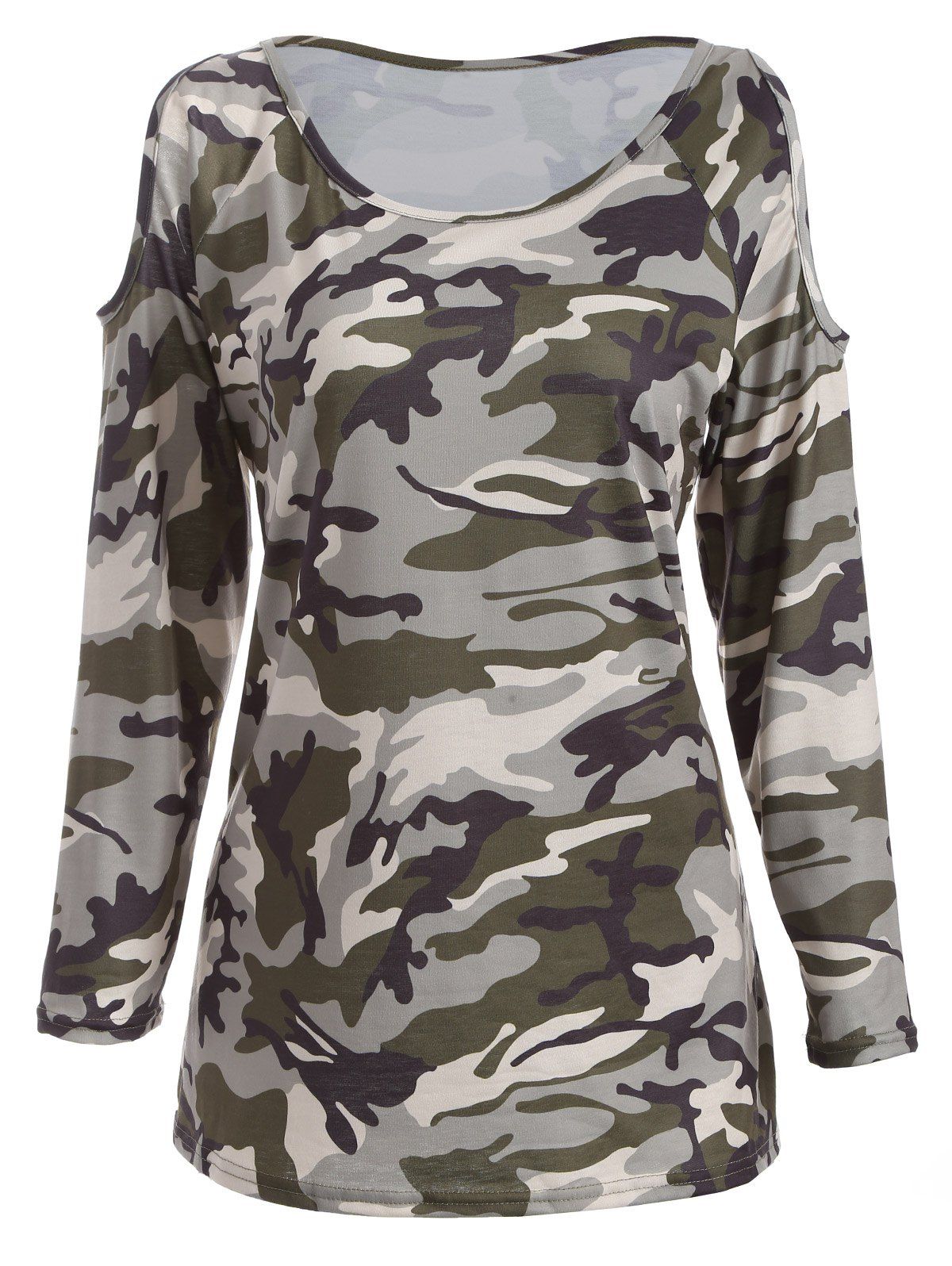 Long Sleeve Camouflage Print Cold Shoulder T Shirt