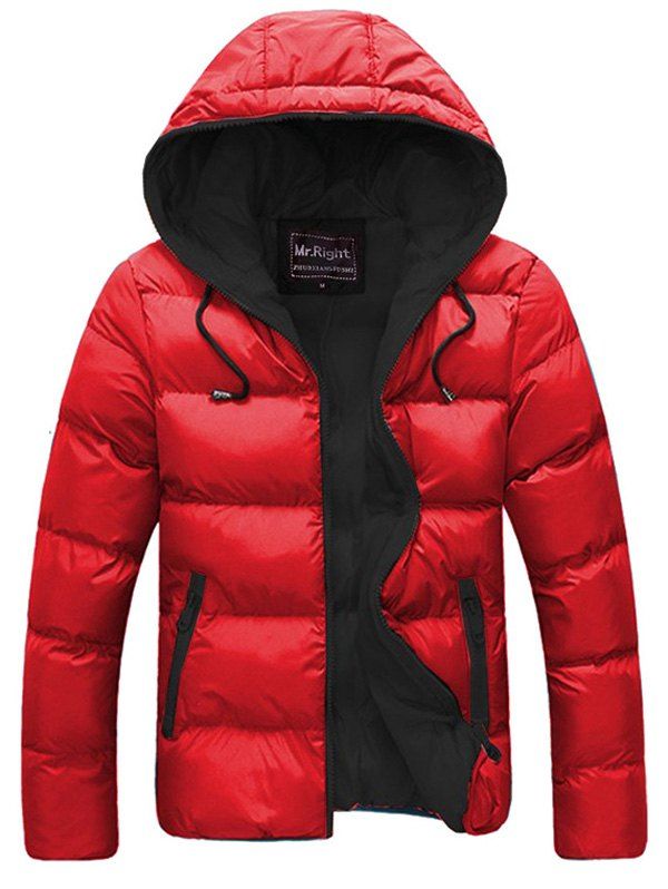 

Contrast Zipper Drawstring Hooded Quilted Jacket, Red