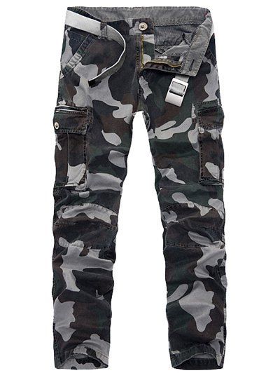 

Zipper Fly Plus Size Pockets Embellished Camo Cargo Pants, Gray