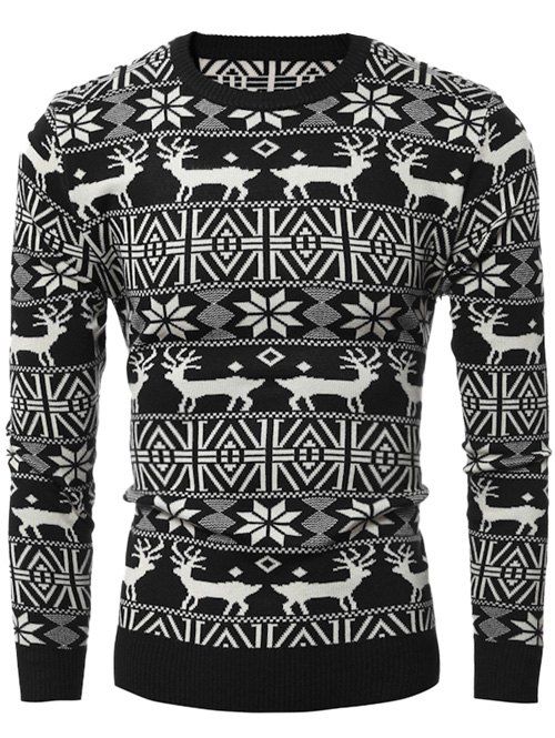 

Deer Pattern Crew Neck Snowflake Christmas Sweater, Black