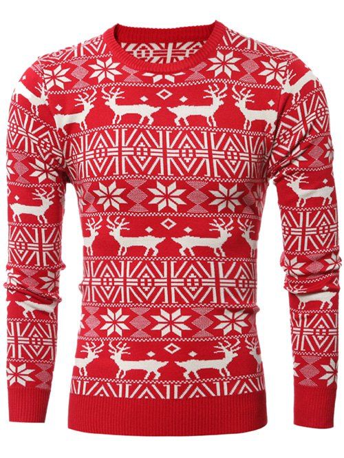 

Deer Pattern Crew Neck Snowflake Christmas Sweater, Red