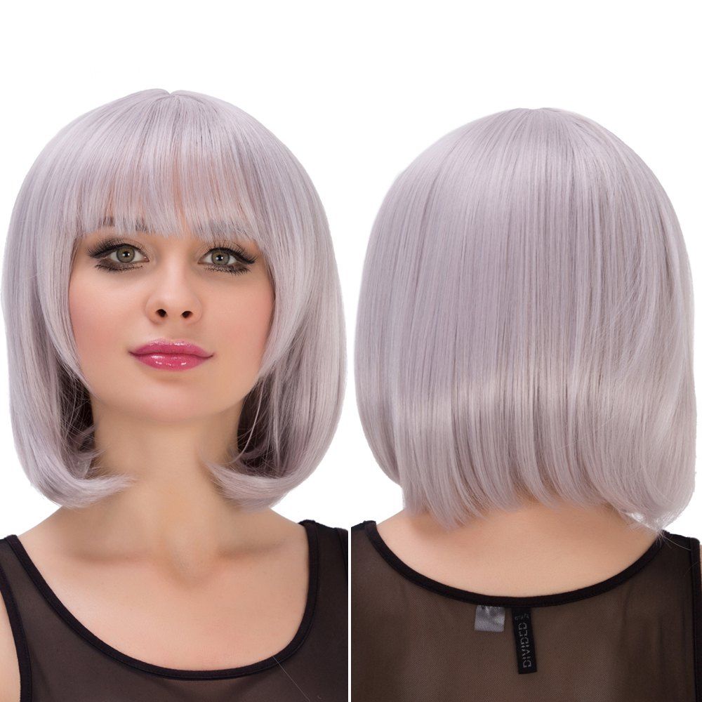 39 Off Silver Grey Purple Short Full Bang Straight Layered