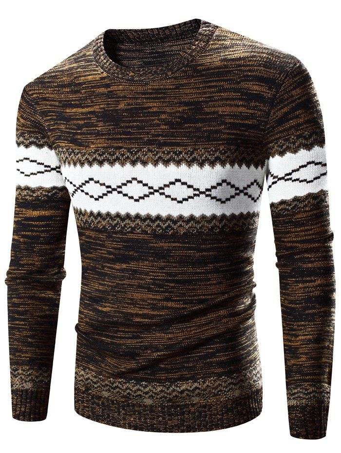 [49% OFF] Crew Neck Rhombus Splicing Pattern Long Sleeve Sweater | Rosegal