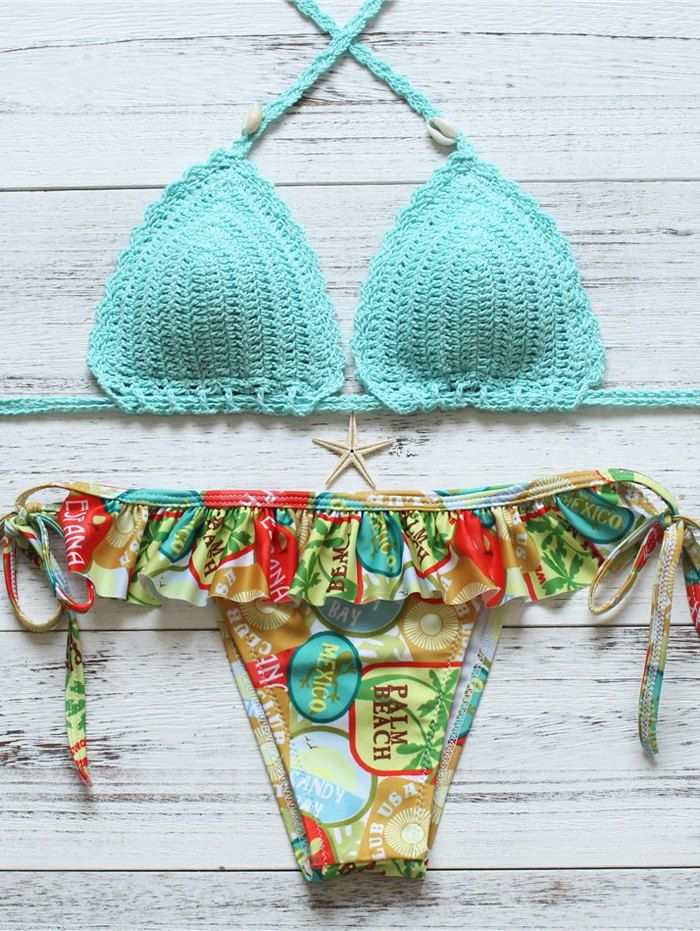 [55 OFF] Printed Ruffle Halter HandCrochet Bikini Rosegal