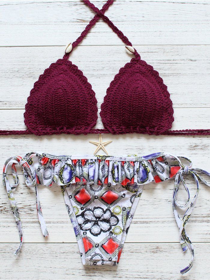 [67% OFF] Printed Flounced Hand-Crochet Halter Bikini | Rosegal