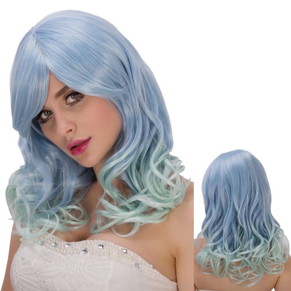 

Graceful Long Side Bang Wavy Blue Mixed Green Film Character Cosplay Wig, Colormix