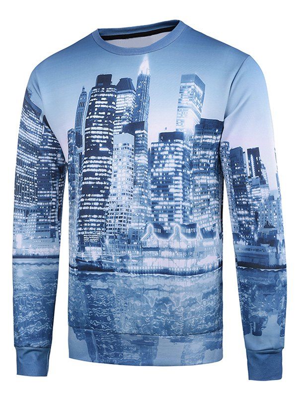 

Crew Neck 3D Buildings Printed Long Sleeve Sweatshirt, Blue