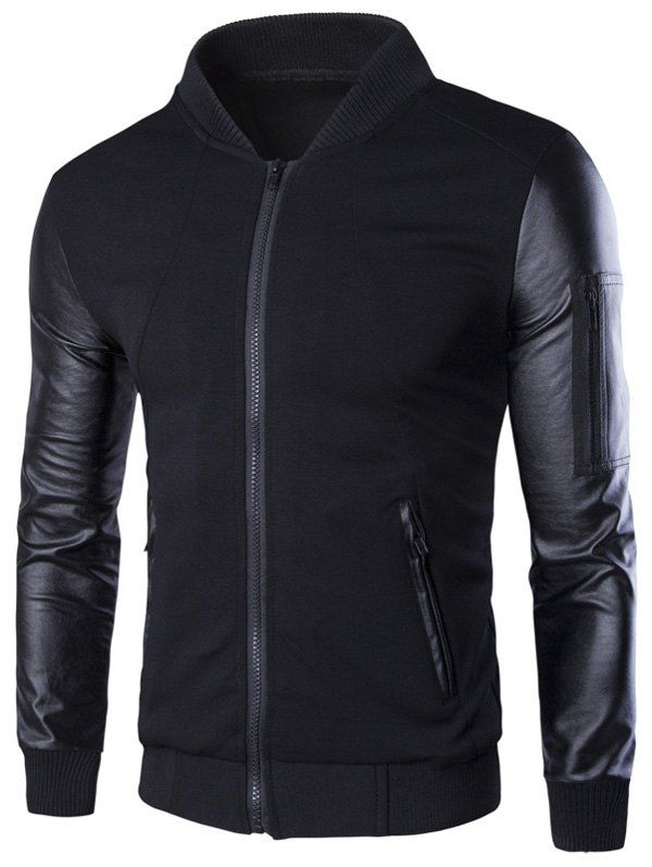 

PU-Leather Splicing Zip-Up Jacket, Black