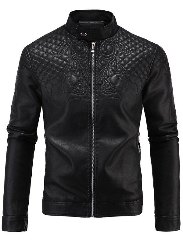 

Embroidered PU-Leather Fleece Zip-Up Jacket, Black