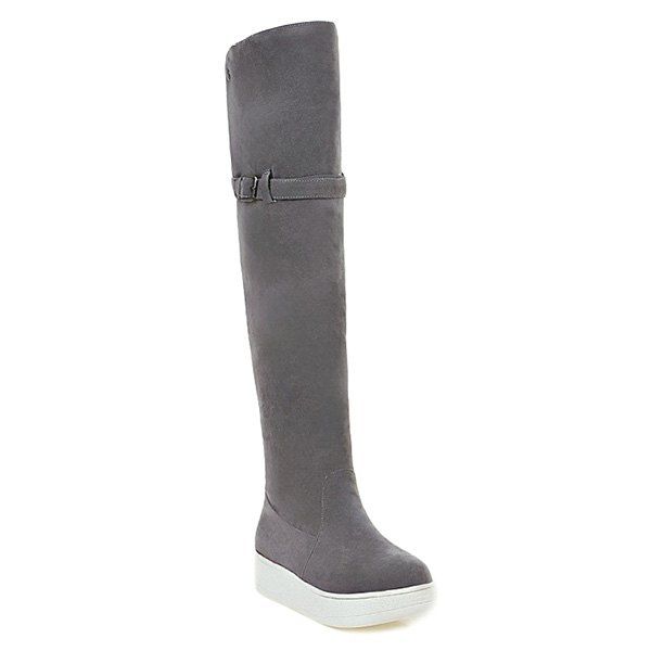 

Platform Buckle Strap Round Toe Thigh Boots, Gray