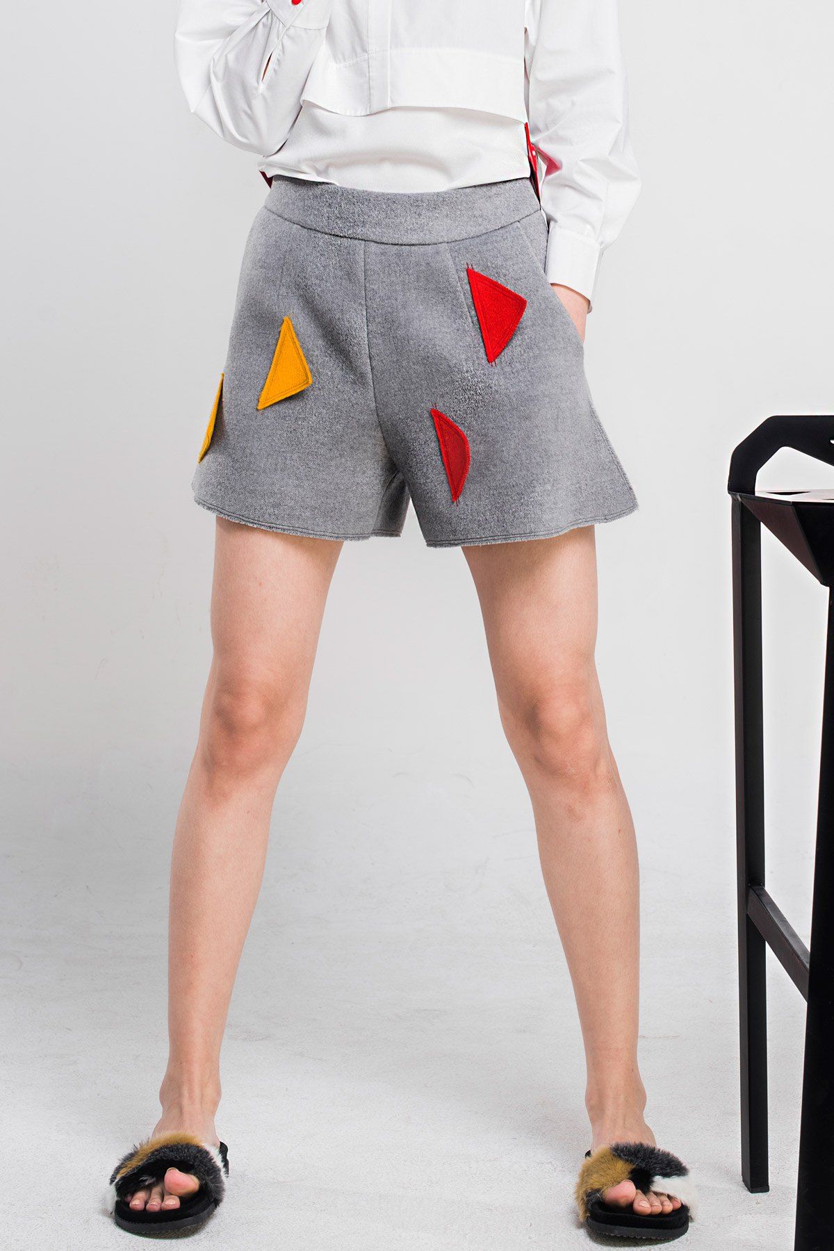 

Woool Blend Patched Shorts, Gray