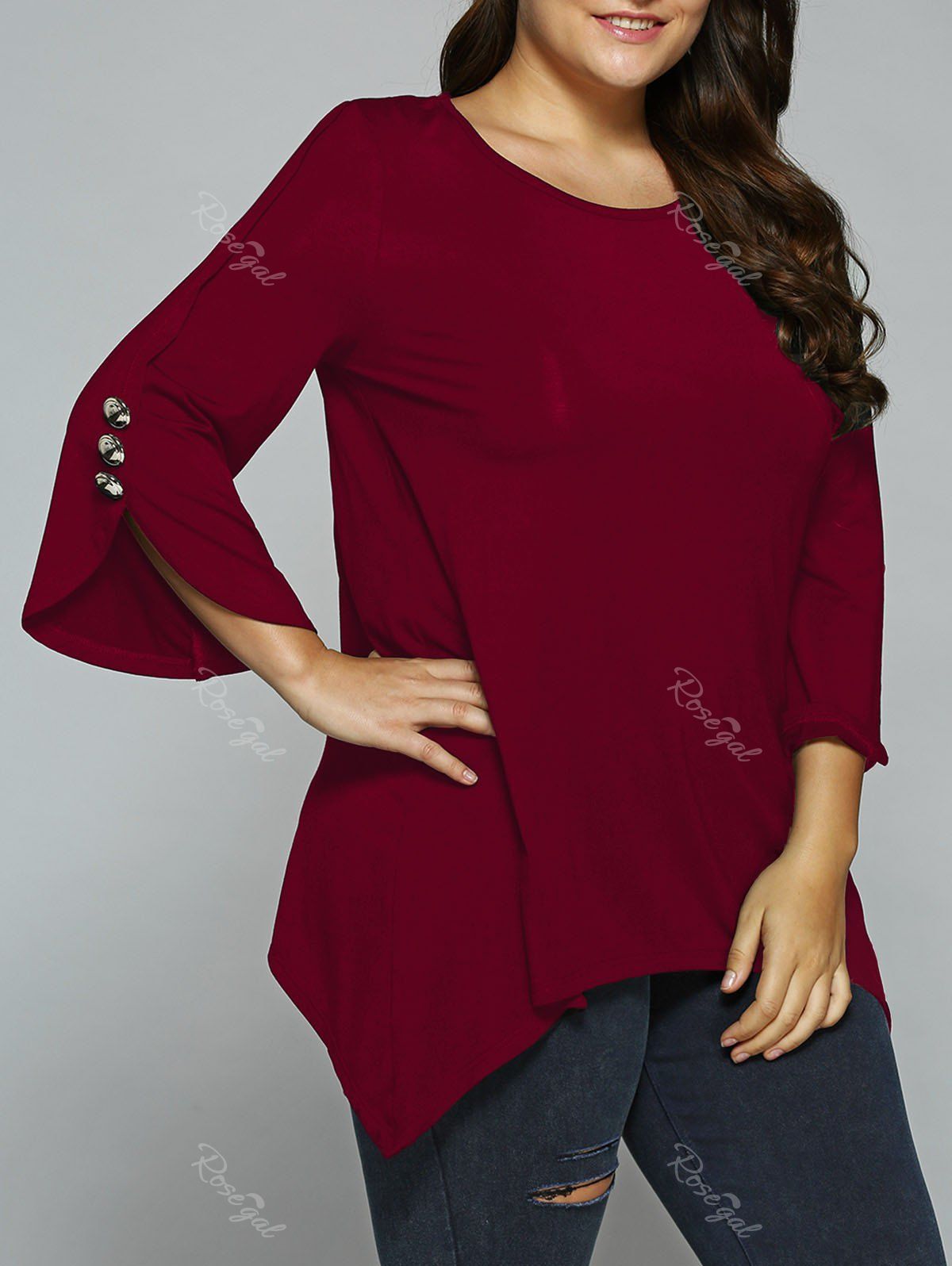 [57% OFF] Button Embellished Sleeve Asymmetrical Blouse | Rosegal