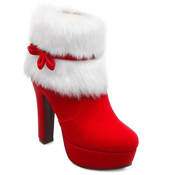 [49% OFF] Bowknot Platform Fuzzy Chunky Heel Boots | Rosegal