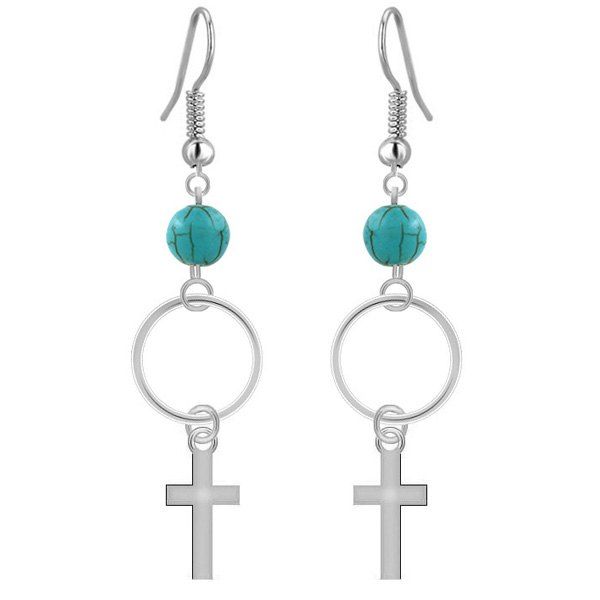 

Cross Faux Turquoise Bead Dangle Drop Earrings, Silver