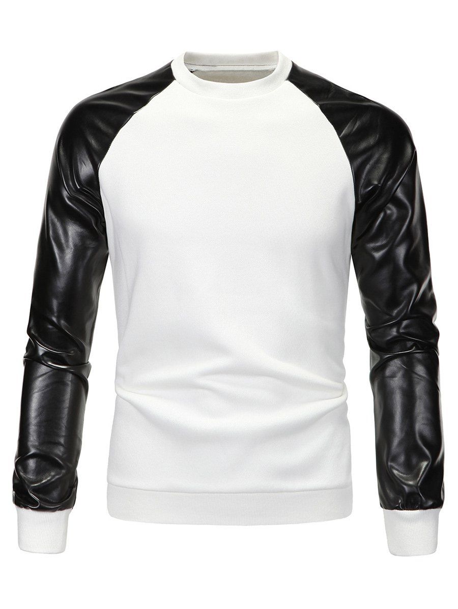 

PU Spliced Color Block Long Sleeve Sweatshirt, White