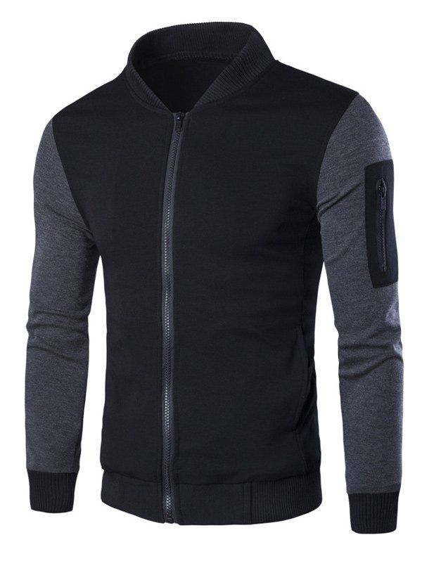 

Color Block Stand Collar Zip Embellished Jacket, Black