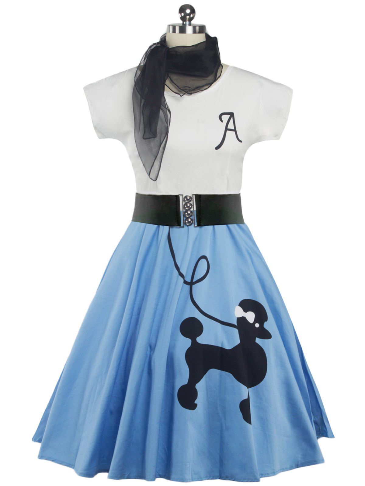 

Retro Poodle Print High Waist Skater Dress, Light blue