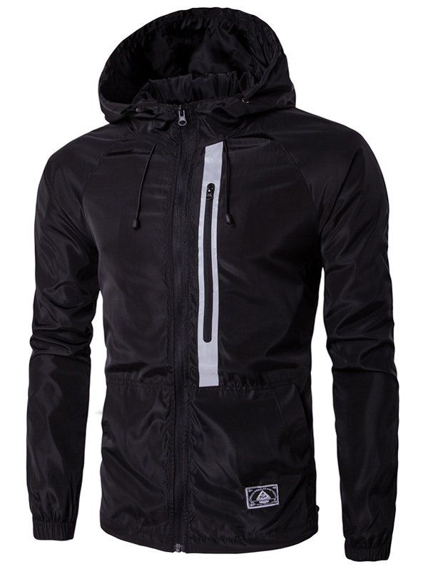 

Hooded Drawstring Design Zip-Up Jacket, Black