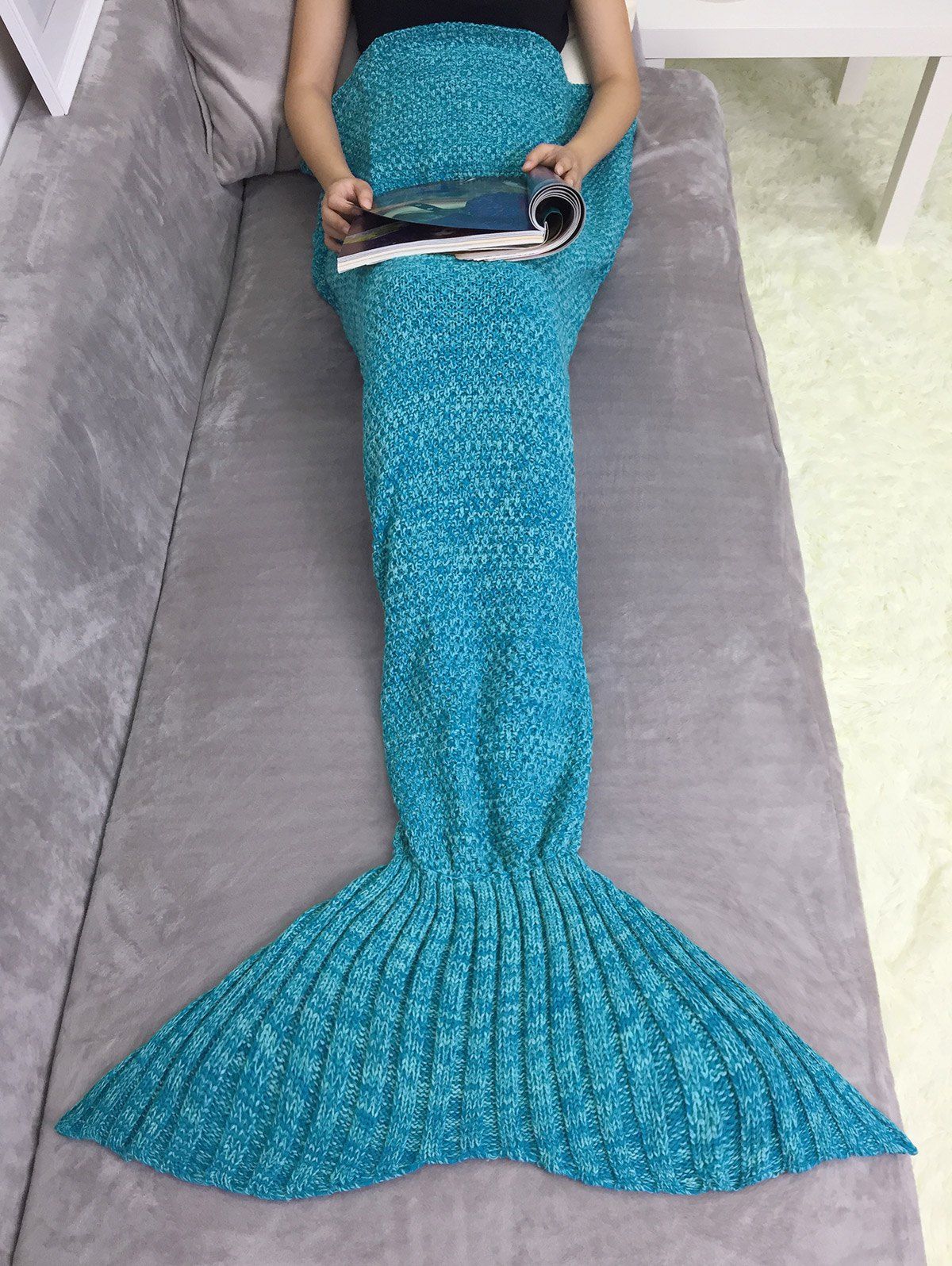 

Acrylic Knitting Mermaid Tail Sofa Blanket, Lake blue