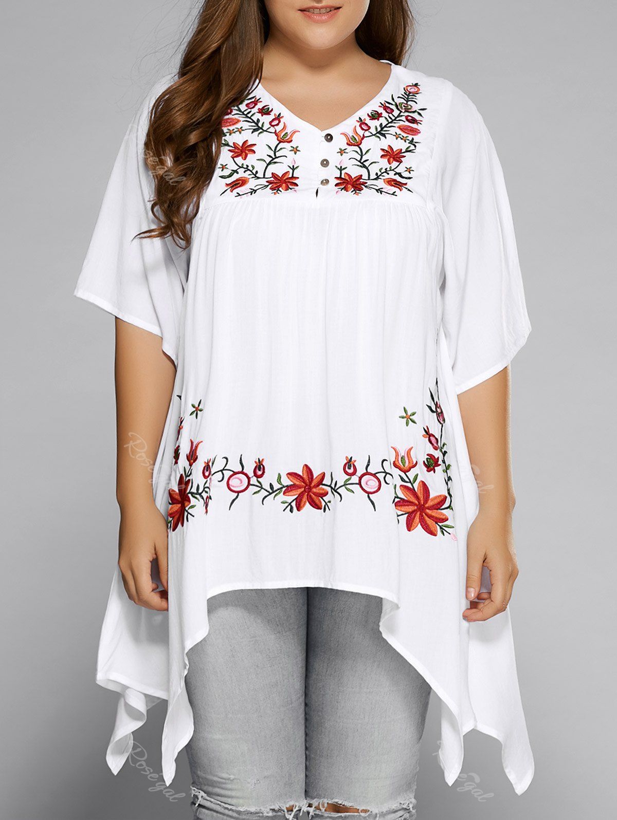 [12% OFF] Plus Size Asymmetric Hem Floral Embroidered Top | Rosegal