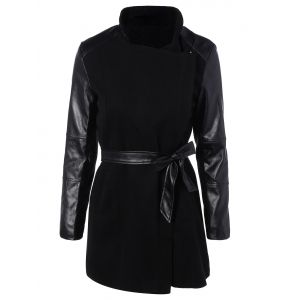 Belted High Collar Coat with Leather Sleeve