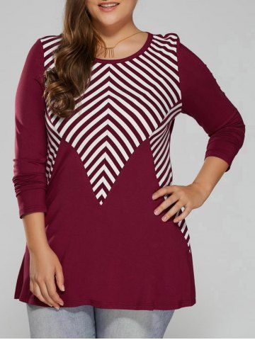 Light Red 2xl Plus Size Striped Trim T-shirt | RoseGal.com