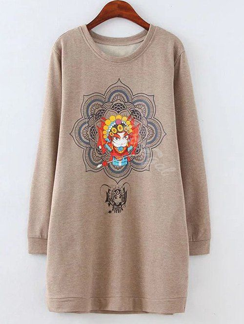 

Plus Size Fleeced Peking Opera Pattern Long Sweatshirt, Light coffee