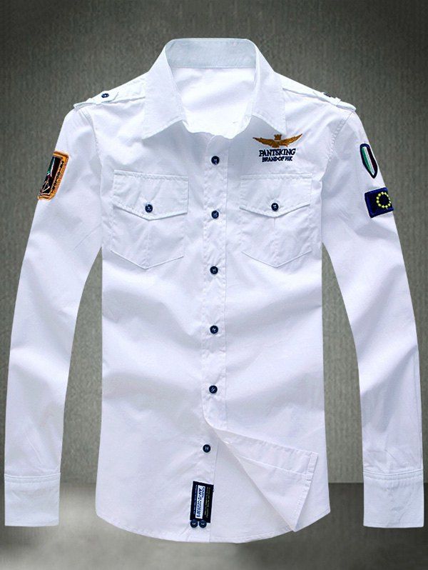 

Turn-Down Collar Embroidered Appliques Long Sleeve Shirt, White