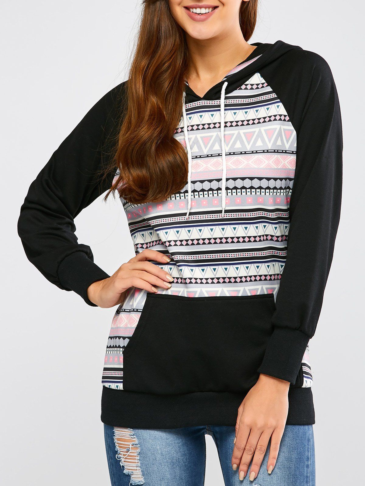 

Casual Raglan Sleeve Geometric Pullover Hoodie, Black