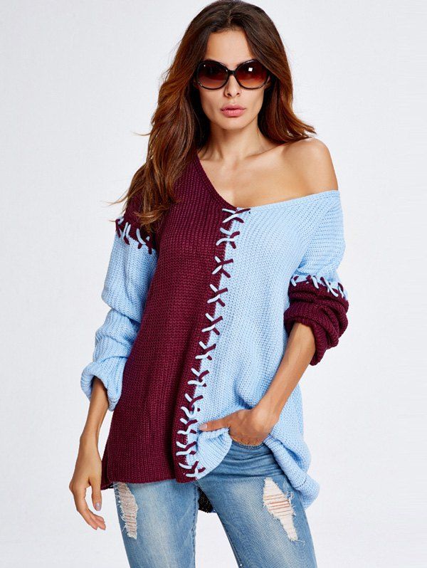 Outfits Color Block Loose Sweater  