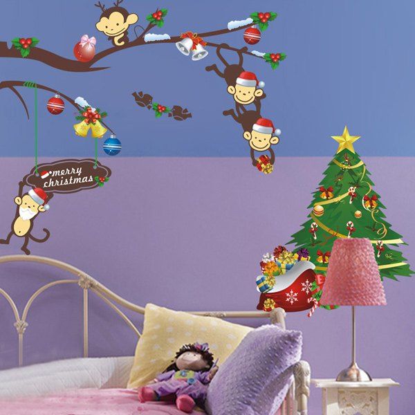 

2PCS Christmas Tree Monkey Removable Animal Nursery Wall Stickers, Colorful