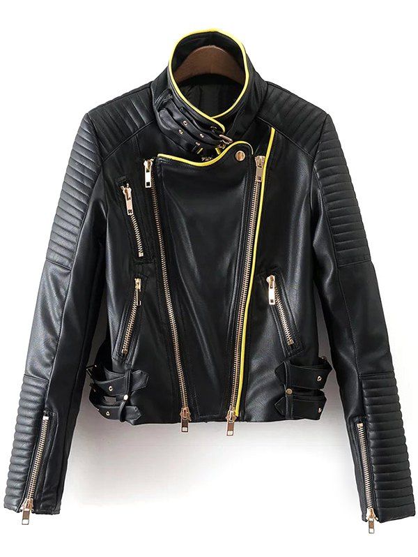 [45 OFF] Piped PU Leather Biker Jacket Rosegal