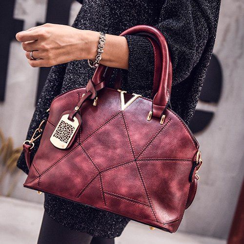 

Geometric Pattern Quilted Metal Tote Bag, Wine red