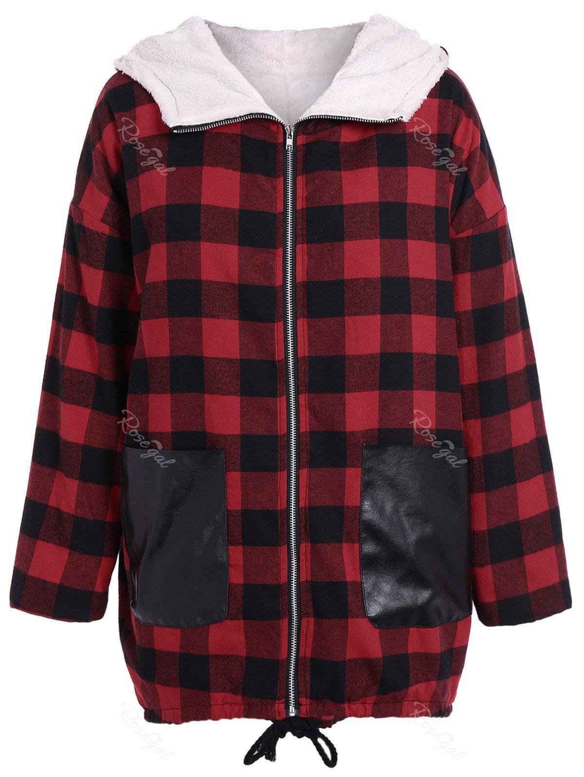 

PU-Leather Splicing Hooded Plaid Coat, Checked