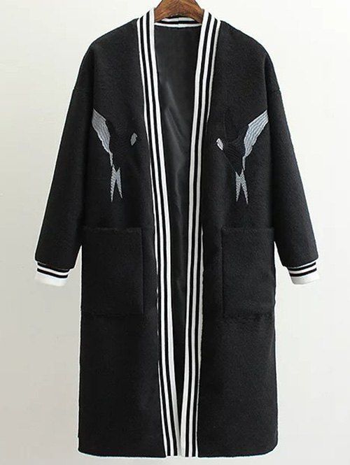 [29% OFF] Collarless Bird Embroidered Wool Blend Coat | Rosegal
