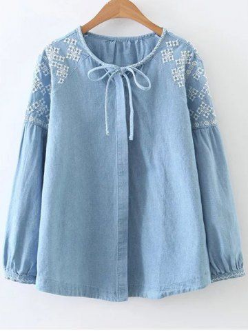 [20% OFF] Embroidered Button Up Denim Blouse | Rosegal
