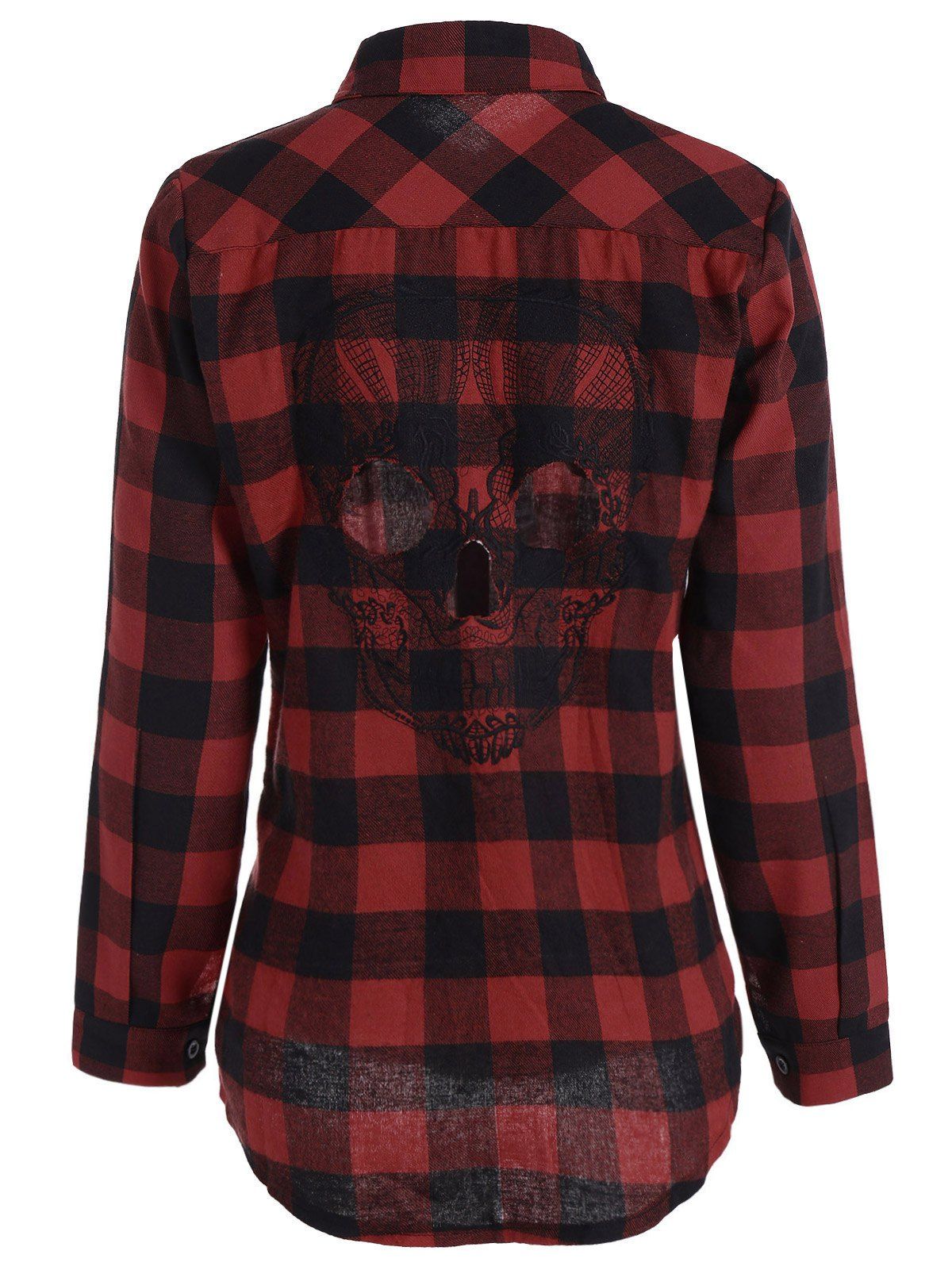 [44 OFF] Plus Size Halloween Back Skull Pattern Plaid Shirt Rosegal