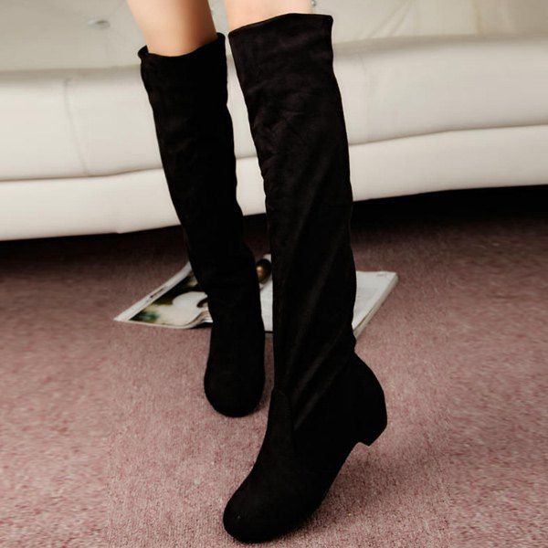 

Suede Low Heel Thigh Boots, Black