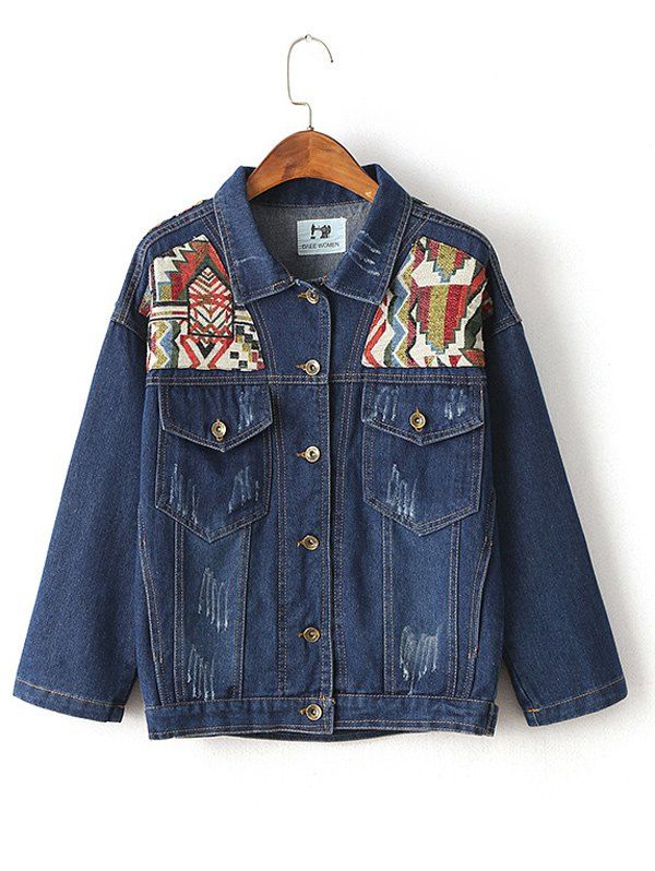 Chic Ribbed Ethnic Embroidered Jean Jacket  