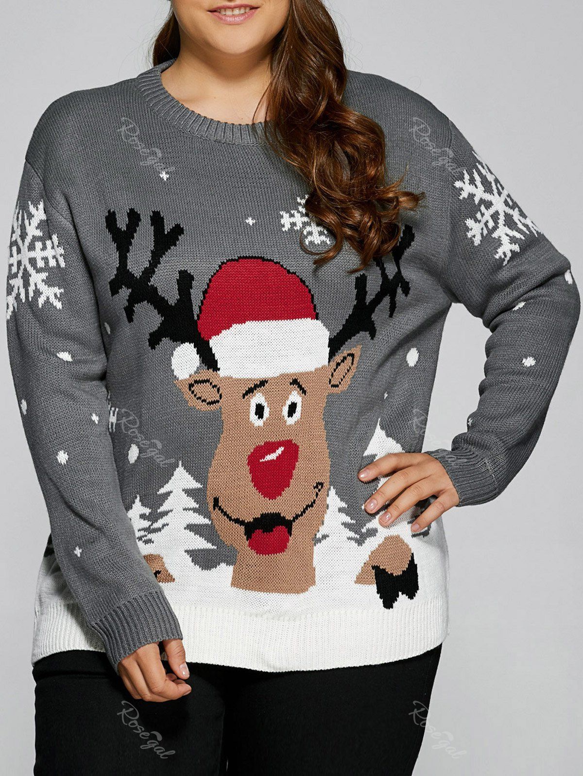 

Plus Size Snowflake Elk Christmas Sweater, Gray