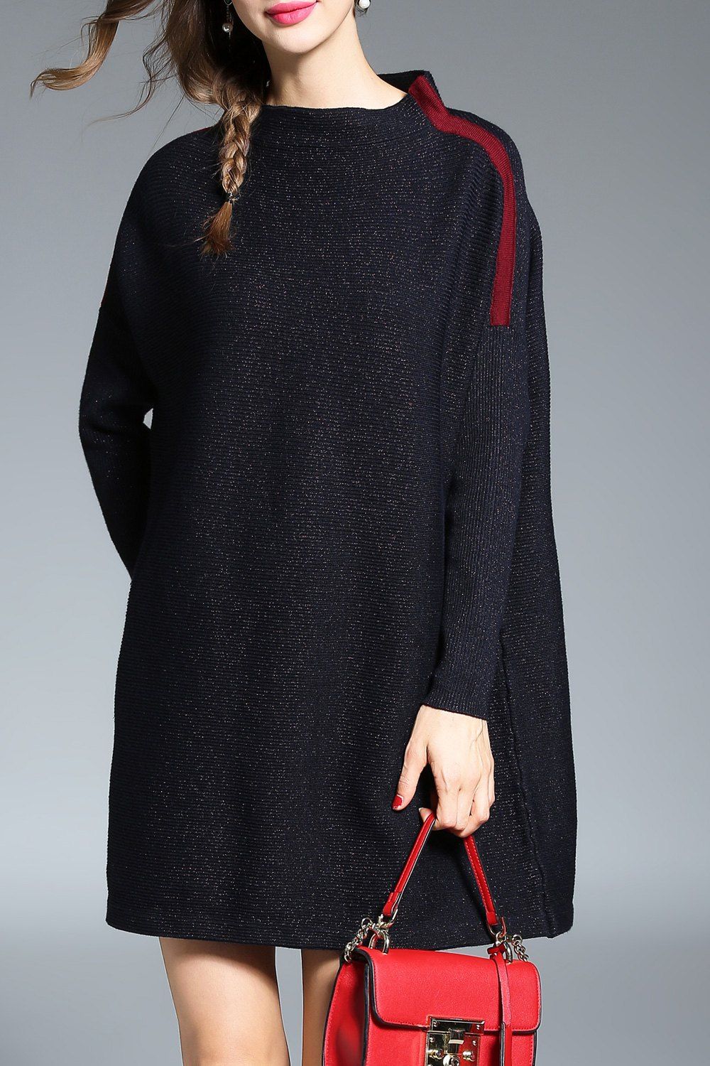 

Stand Collar Color Block Sweater Dress, Purplish blue
