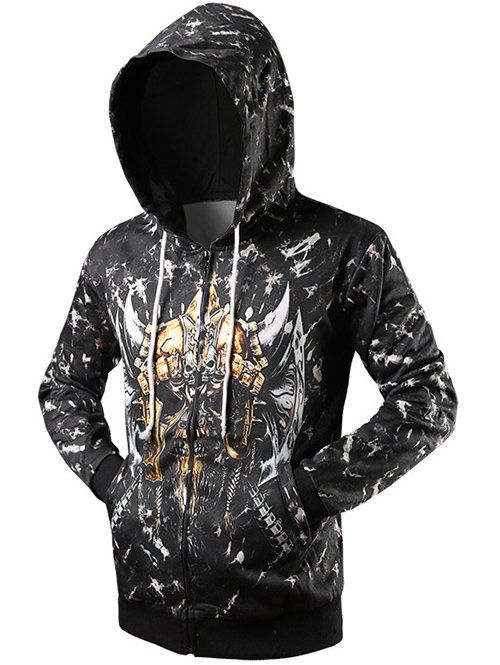 2018 Zip Up Rib Cuff Drawstring Graphic Hoodie In Black Xl | Rosegal.com