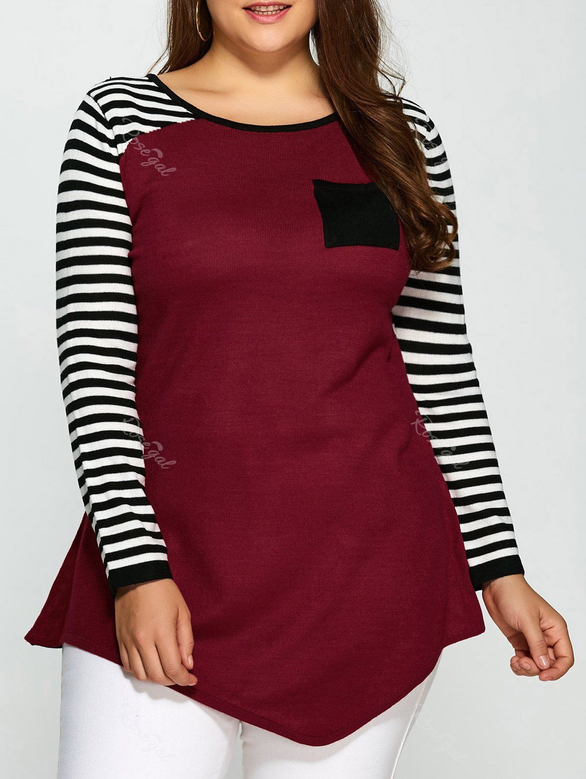 

Plus Size One Pocket Asymmetric Striped Sweater, Colormix
